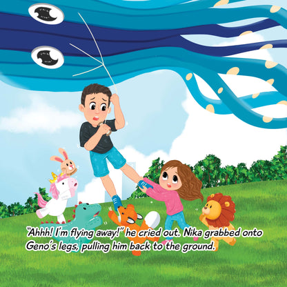 Nika grabs Geno's legs to stop him from flying away with a giant kite, surrounded by stuffed animals in a park.