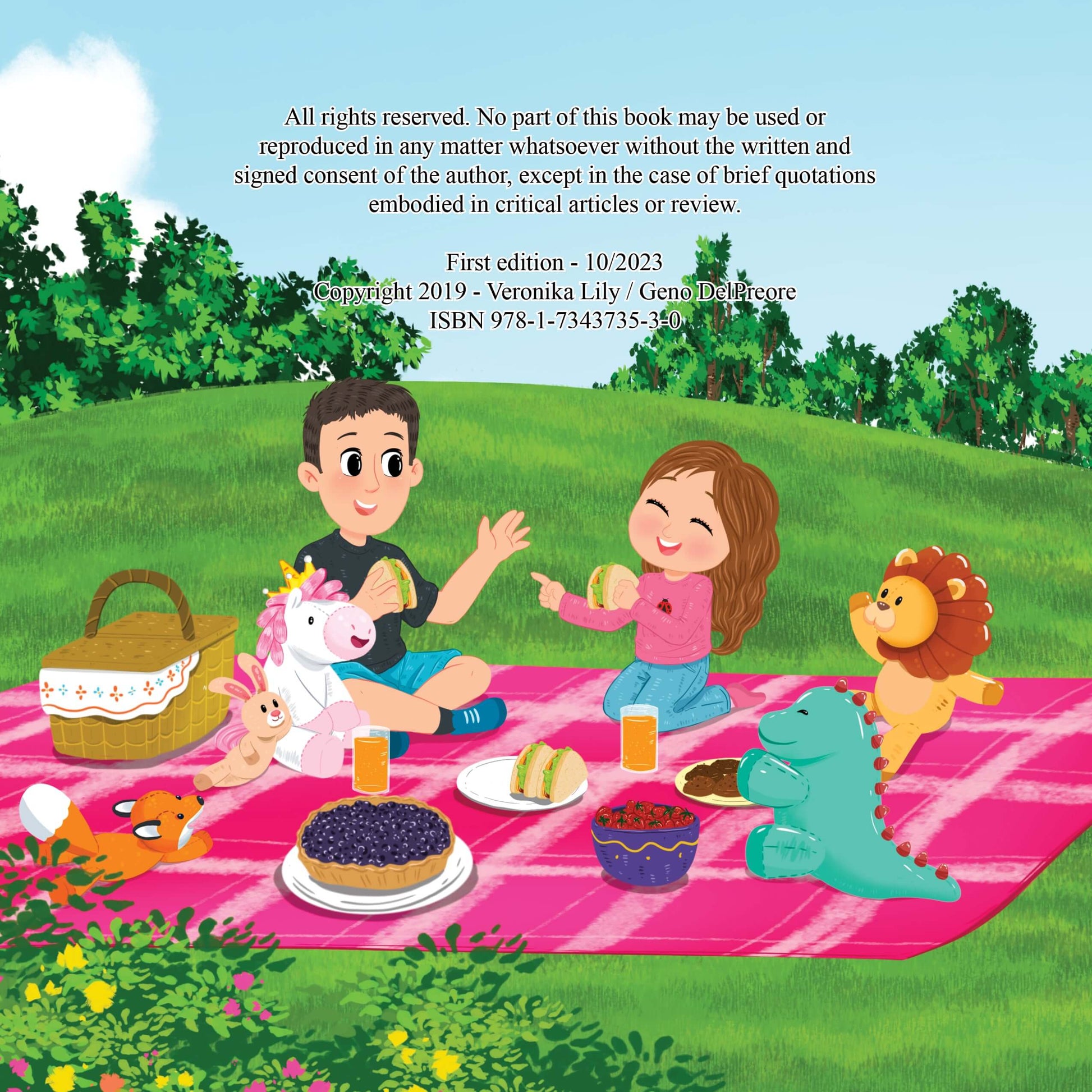 Children having a picnic with stuffed animals and delicious food in the park on a sunny day