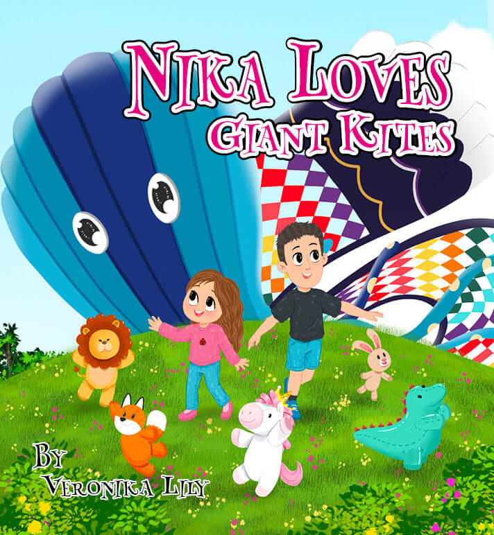 "Cover of children’s book Nika Loves Giant Kites featuring Nika, Geno, and stuffed animals flying colorful kites in the park"