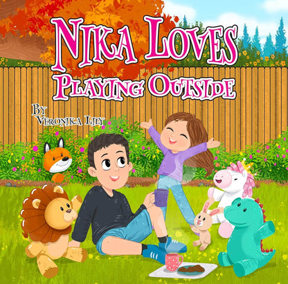 "Nika Loves Playing Outside hard cover children's book cover with adventurous kids and stuffed animals in a vibrant backyard"