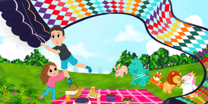 Children flying colorful kites in a park, picnic blanket with food, and stuffed animals joining the fun