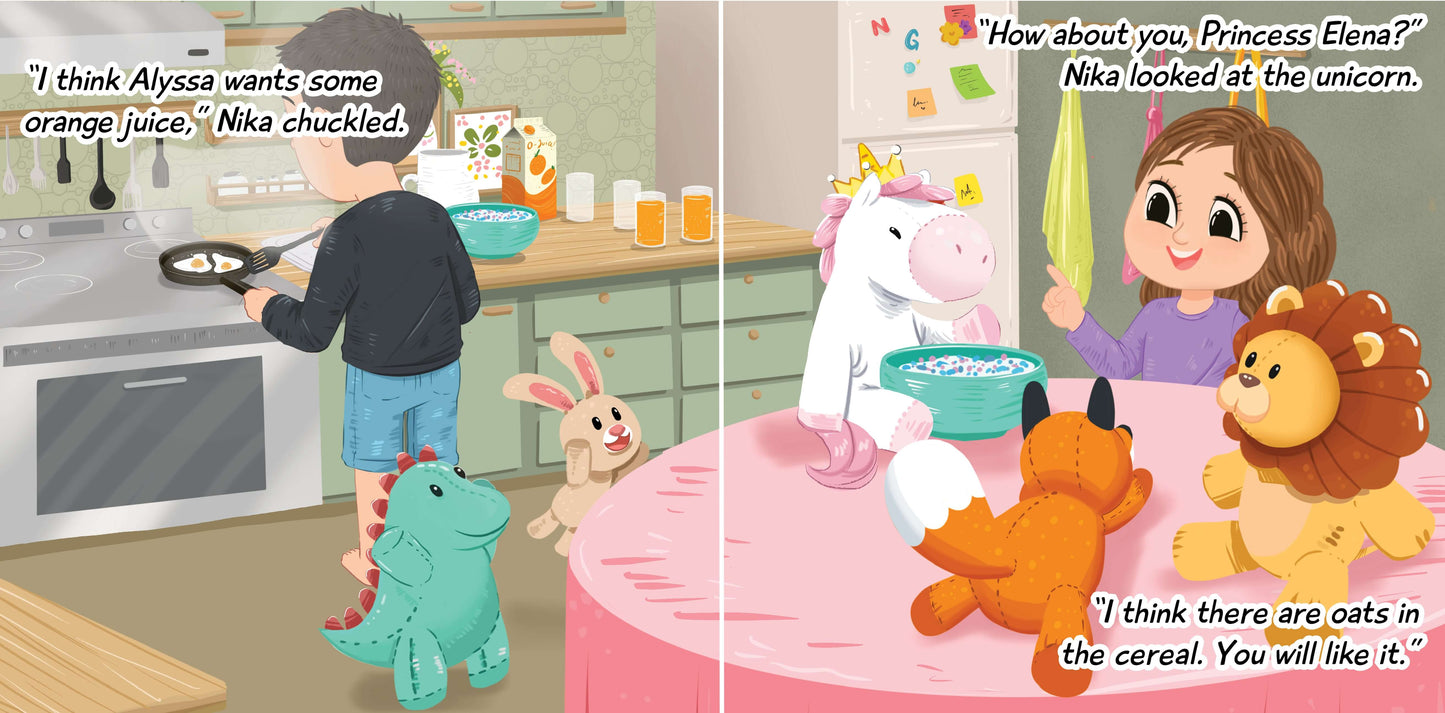 Child with stuffed animals in kitchen, preparing breakfast and engaging in playful conversation with stuffed unicorn at table