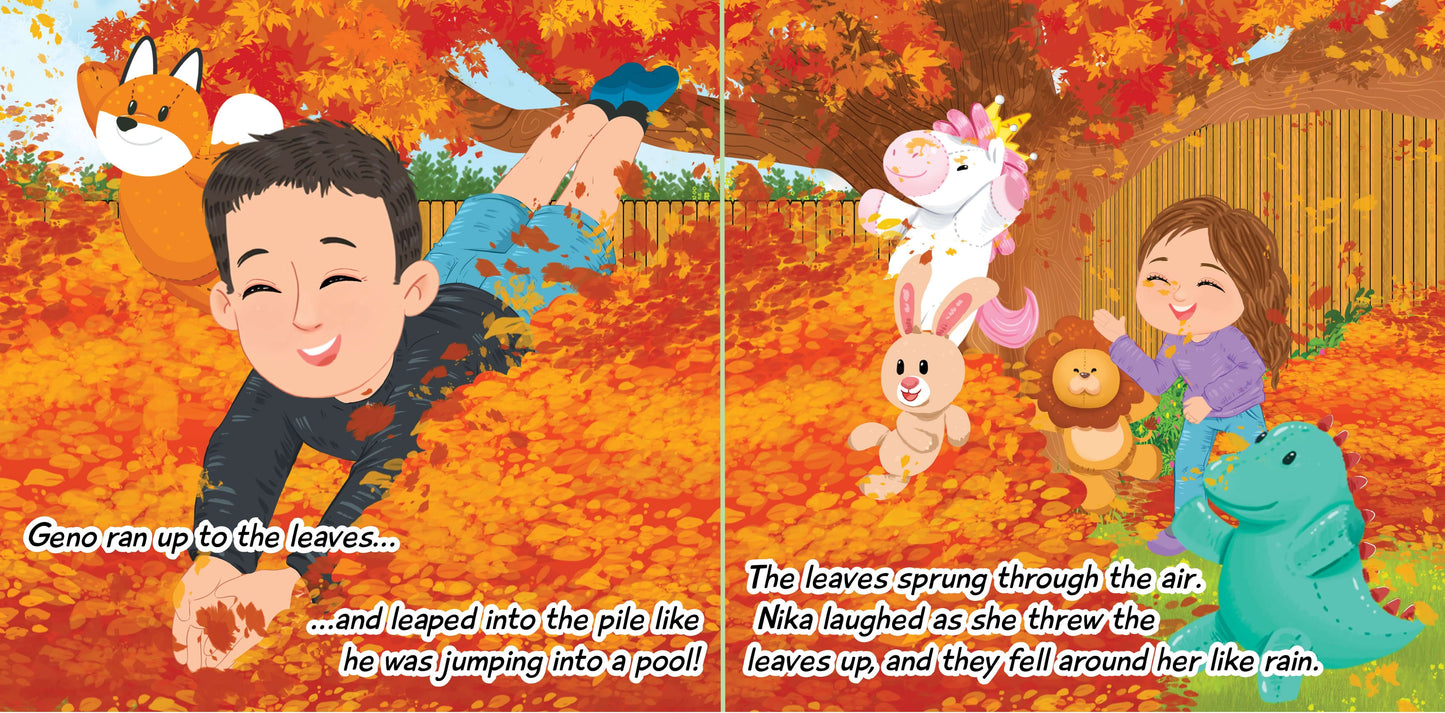 Geno and Nika playing in autumn leaves with stuffed animals, laughing and throwing leaves, in "Nika Loves Playing Outside" children's book illustration